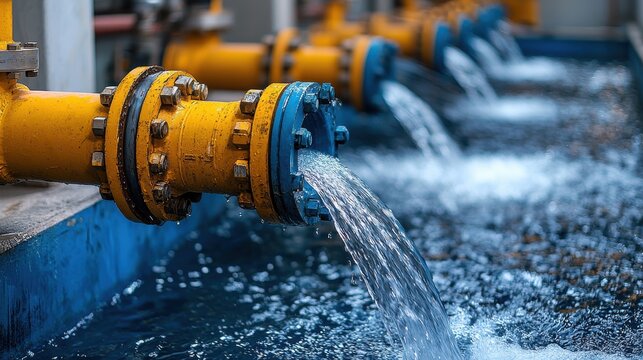 Industrial pipes releasing water, showcasing a system for fluid transport in an engineered environment.