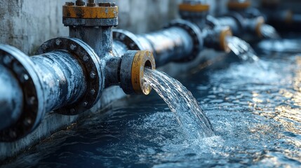 Industrial pipes with flowing water, showcasing infrastructure and fluid dynamics in a mechanical environment.
