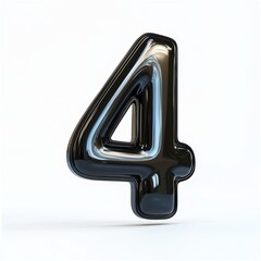 Number 4 made of smooth black rubber with subtle reflections isolated on a clean white background