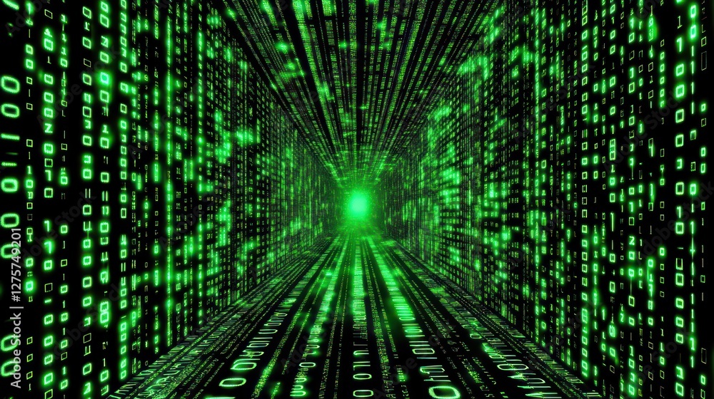 Poster green digital code tunnel, data stream, futuristic background, tech concept