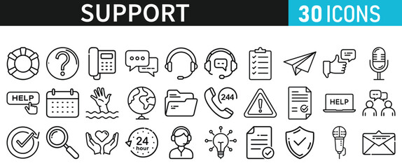Service and Support set of web icons. Support and Help icons for web and mobile app inline style. Communication, online assistance, email, customer service, contact, help, feedback, 24 hrs, finding