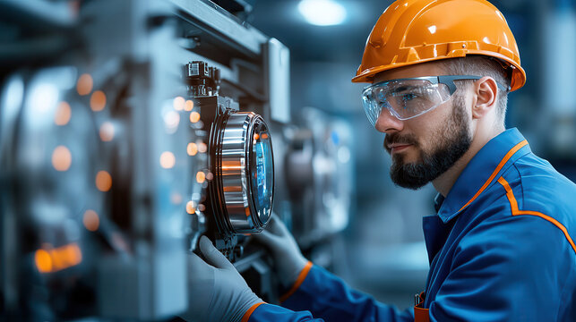 focused engineer wearing safety gear inspects advanced machinery in high tech industrial setting, showcasing precision and innovation in modern engineering