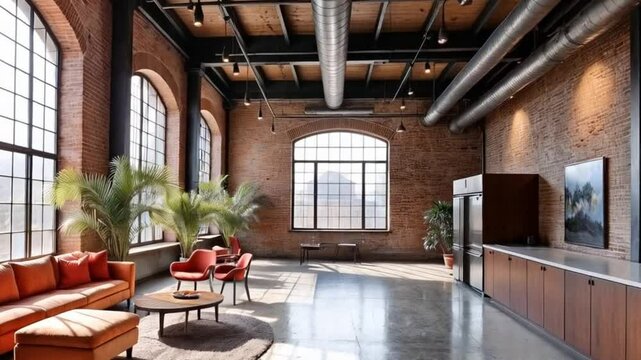 "This industrial loft blends raw brick walls, towering arched windows, and exposed ductwork with warm leather seating and lush greenery. A perfect mix of urban edge and cozy sophistication." 🏙️🛋️✨

