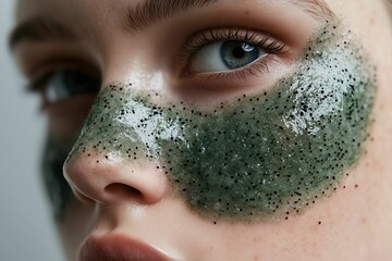 Close-up of a woman's face with a green scrub with black dots on it