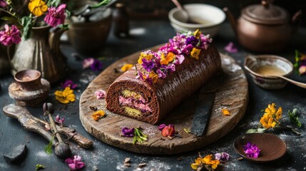 Beautiful Chocolate Cake with Floral Decoration on Wooden Board