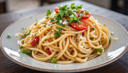 Delicious spaghetti with cherry tomatoes and herbs, culinary delight