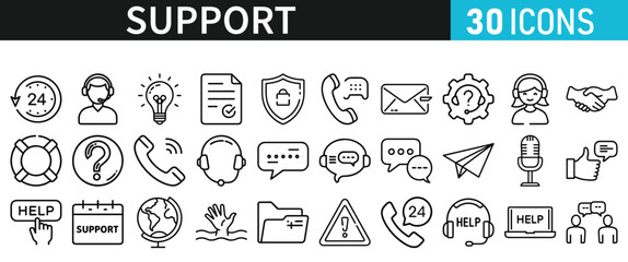 Service and Support set of web icons. Support and Help icons for web and mobile app inline style. Communication, online assistance, email, customer service, contact, help, feedback, 24 hrs, finding