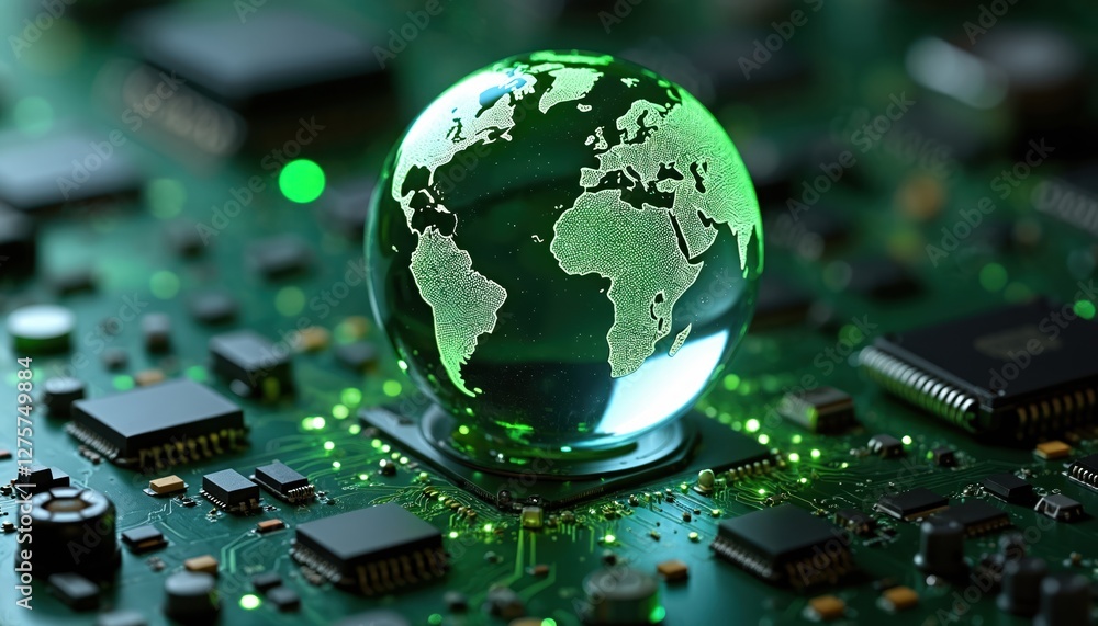 Poster glass globe shows world map on circuit board. green digital tech concept futuristic network, electro