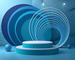 Obraz premium A modern display featuring blue geometric shapes and a circular podium 