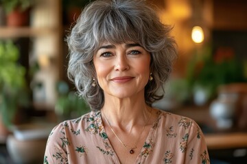 Confident Mature Woman with Gray Hair Smiling in a Cafe