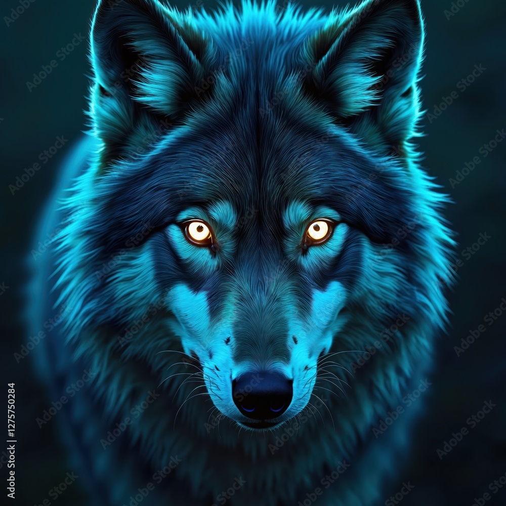 Poster portrait of neon iridescent psychedelic wolf. generative ai. no person. nobody. design element. good