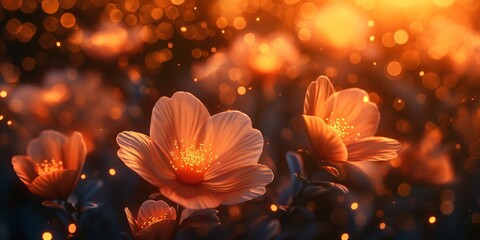 Beautiful orange flowers glistening in soft golden light, creating a warm and enchanting atmosphere.