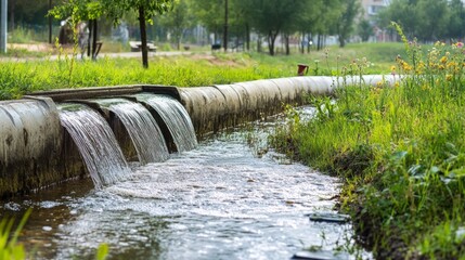 Flowing Water Stream in Urban Park Surrounded by Lush Greenery