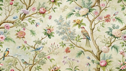 Intricate bird and tree motifs on a vintage chinoiserie wallpaper with soft pastel colors and ornate details , wallpaper