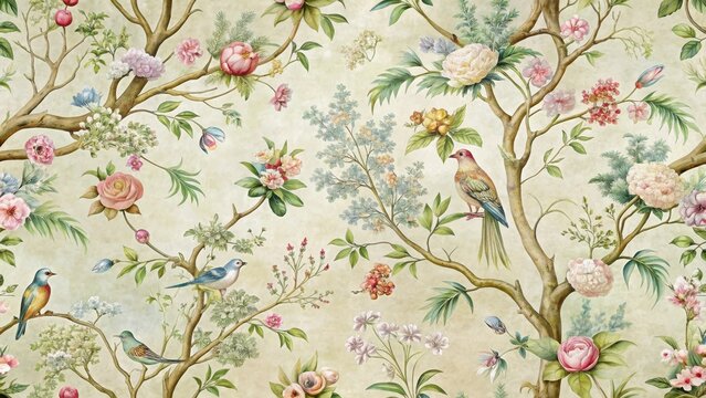 Fototapeta Intricate bird and tree motifs on a vintage chinoiserie wallpaper with soft pastel colors and ornate details , wallpaper
