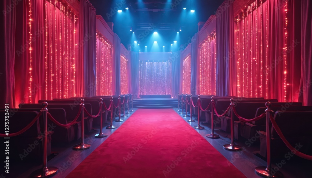 Poster glitzy red carpet leads to stage with elegant setup. spotlights, stage and banners for celebrity int