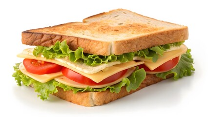 Toasted sandwich with lettuce, tomato, and cheese on white background. Created with Ai