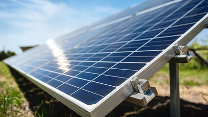 Close-up solar panels on its stand in sunny field