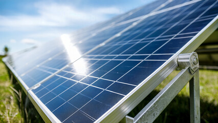 Obraz premium Close-up of solar panels in a field under a partly cloudy sky
