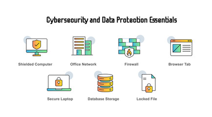 Cybersecurity and Data Protection Essentials with Secure Laptop, Firewall, and Locked File for Online Safety