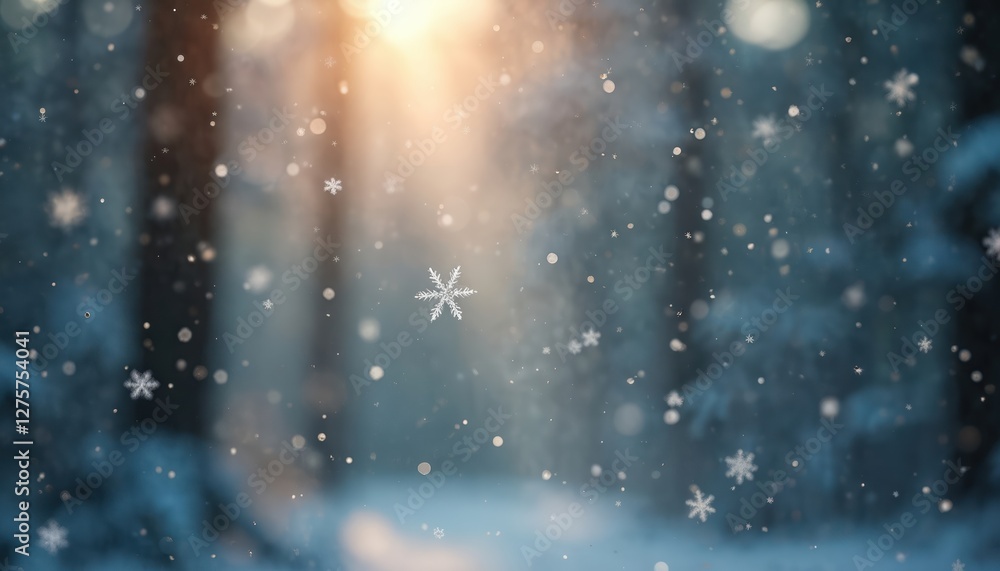 Poster close-up photo of falling snowflakes in forest. blurred background. winter scene with delicate, illu