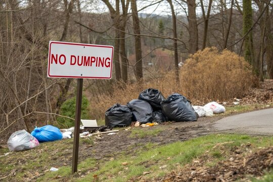No dumping sign with trash bags. Illegal waste disposal problem
