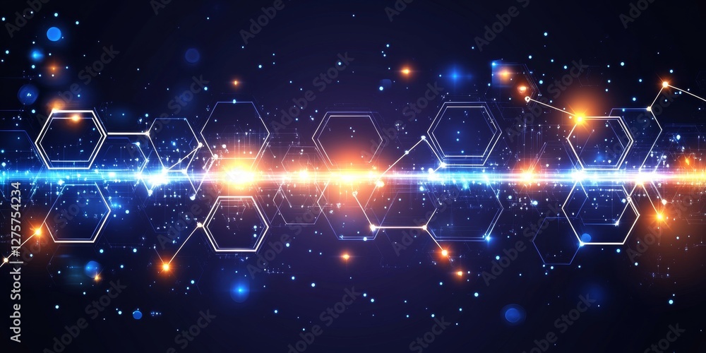 Aufkleber abstract technology background, neon blue hexagonal pattern with connecting lines and light flares