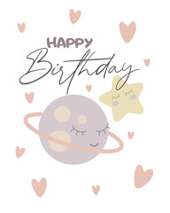 Vector cute children birthday card with little planet and star with hearts. Vector illustration of cute little space.