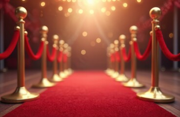 Blurred red carpet festival photo. Golden bollards, barriers with velvet rope for celebrity film premiere or award show, gala. Luxurious majestic entrance way. Shine, light, success.