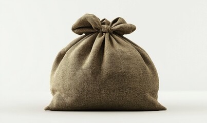 A textured brown fabric bag tied at the top, resting on a neutral background, suggesting storage
