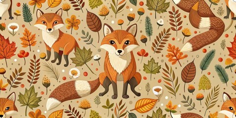 Detailed fox in a seamless forest pattern with autumn leaves, acorns and mushrooms, mushrooms, forests,  mushrooms