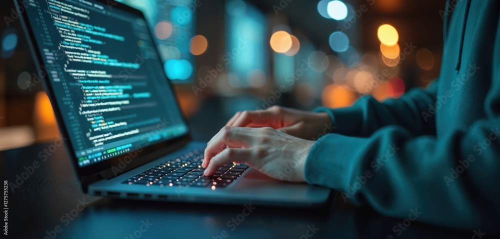 Poster Close-up of programmer coding on laptop. Person types code. Concept of digital tech, data science, AI business, machine learning, coding, developing, information processing.