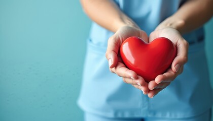 Close-up of nurse hands holding red heart shape. Symbolizes gratitude, support for healthcare professionals. Blue background, concept for International Nurses Day celebration, medical care.