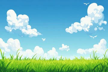 Obraz premium Sunny meadow landscape, birds flying, clear sky, idyllic scene, nature background