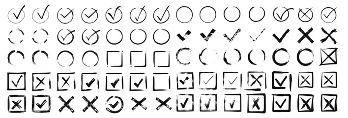 set of doodle check marks in circle and square frames, featuring brush stroke ticks and wrong cross markers. Perfect for hand-drawn vector designs, icons, selection marks, and UI elements.