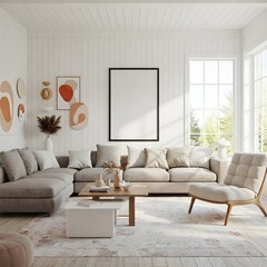Frame mockup, ISO A paper size. Living room wall poster mockup. Interior mockup with house background. Modern interior design. 3D render