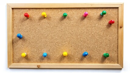 A corkboard with colorful push pins arranged in a random pattern on a white background