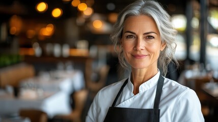 Confident Female Restaurant Chef Portrait in a Busy Restaurant