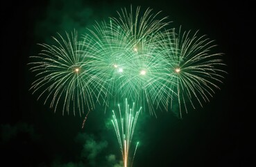 Fototapeta premium Green fireworks display in night sky for holiday celebration. Festive pyrotechnic show, sparkles illuminate dark background, vibrant explosion lights, abstract design pattern, festive event backdrop.