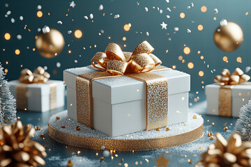 White Gift Box with Gold Ribbon and Ornaments on Snowy Surface