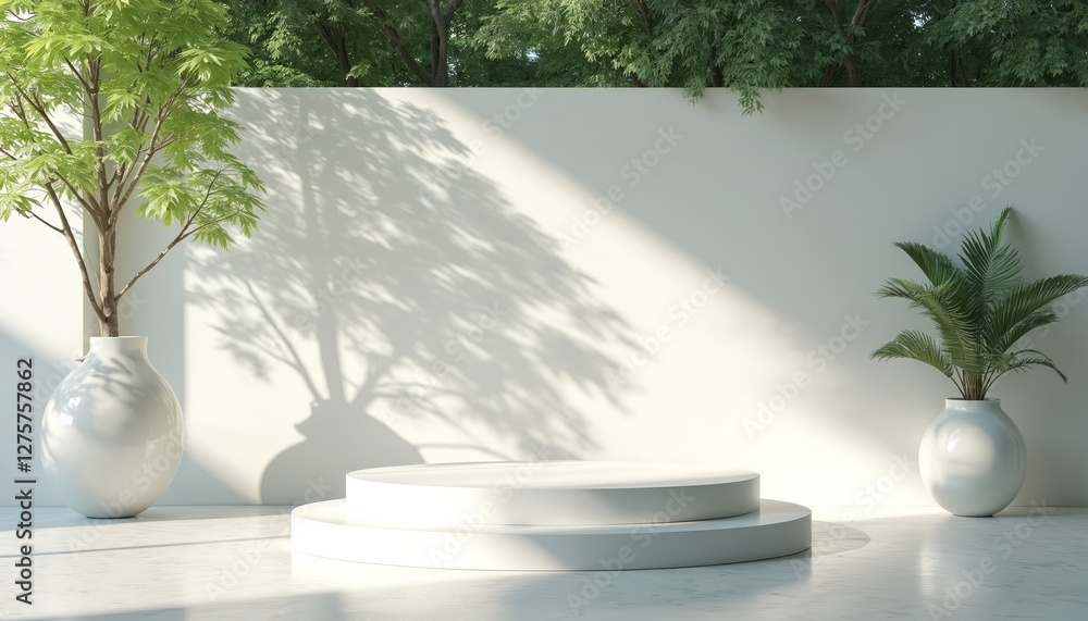 Aufkleber modern 3d podium stand in white color. outdoor location under bright sun light with tree shadows. ba