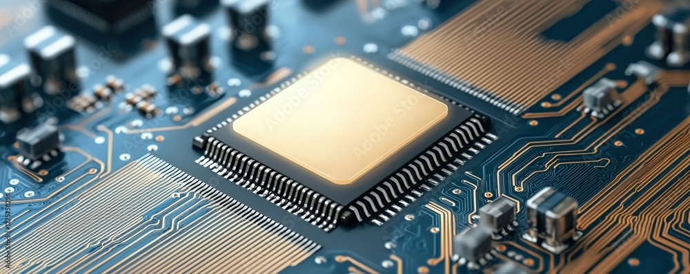 Poster cyber security ransomware security policy concept. close-up of a microprocessor on a circuit board.