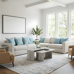 Frame mockup, ISO A paper size. Living room wall poster mockup. Interior mockup with house background. Modern interior design. 3D render