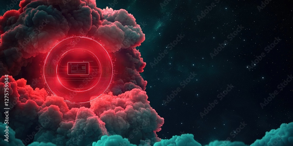 Poster cyber security ransomware security policy concept. vibrant red circular design amidst dark clouds an