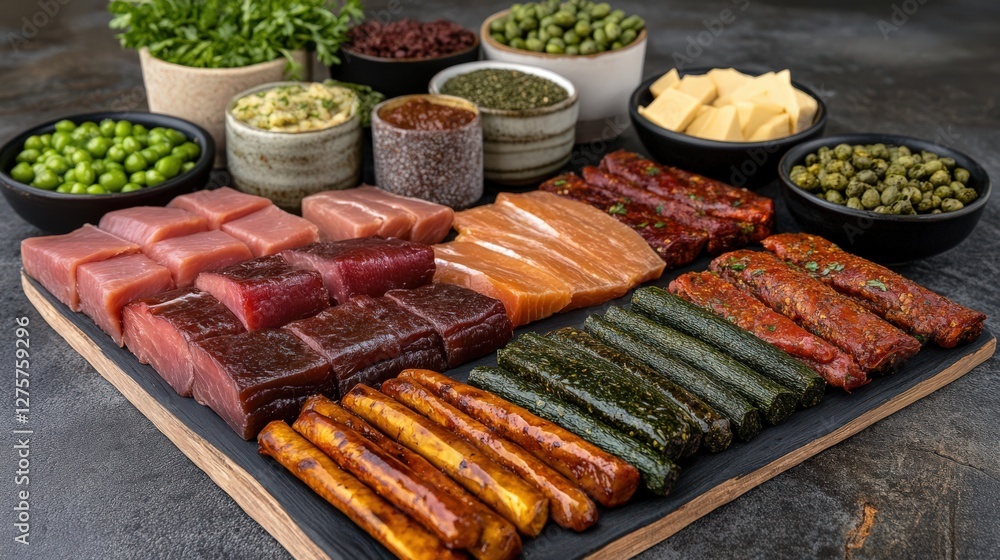 Poster a vibrant display of assorted fresh seafood and accompaniments arranged on a dark slate platter