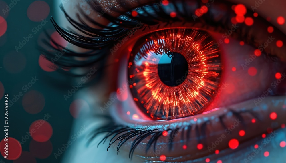 Poster close-up of human eye with red glowing iris and bokeh lights. futuristic, tech-themed, sci-fi eye. a