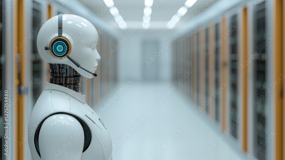 Poster futuristic robot with headset in high-tech data center
