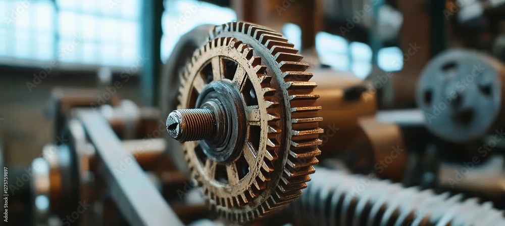 Poster close up view of rusted metal gears working in synch. a series of interlocking machinery turning.