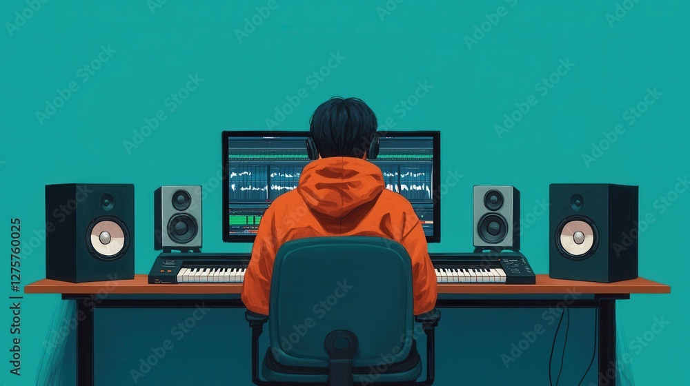 Poster music producer working on sound design in modern studio setup