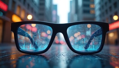 Augmented reality glasses display digital city landscape with neon lights. Futuristic wearable tech for urban exploration, virtual reality gaming in cyber world. Innovative digital display, ar